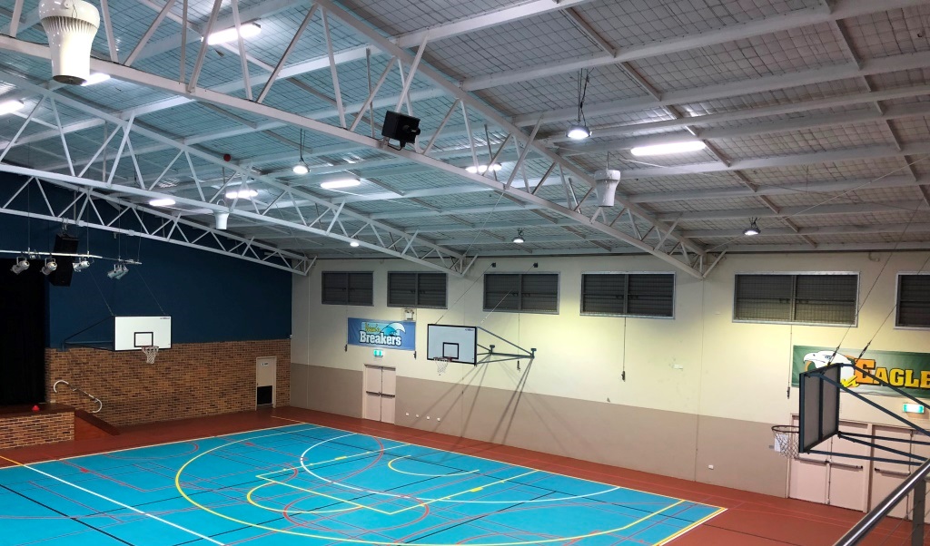Green Point Christian College sports hall with Airius fans for cooling and air circulation.