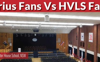 Airius fans and HVLS fans comparison in a large industrial space, showcasing air circulation solutions.