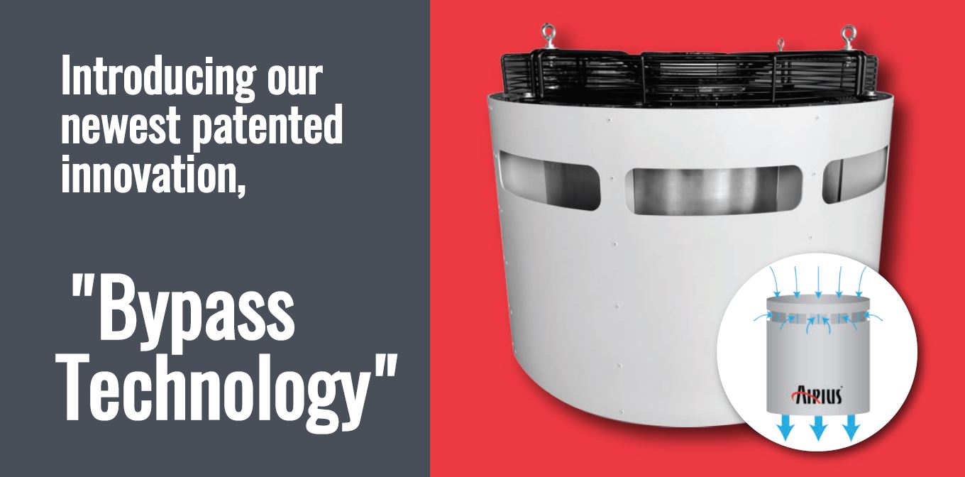 Airius fan showcasing Bypass Technology, innovative airflow design and patented hidden-blade system.