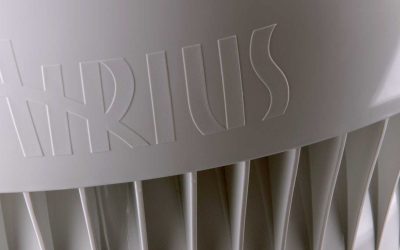Airius fan engineering detail showcasing airflow design and brand logo.