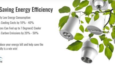 Energy-efficient Airius fans with low energy consumption, cooling cost reduction, and carbon emission savings, surrounded
