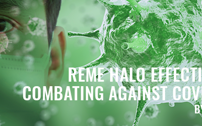 REME HALO air purification technology combating COVID-19, featuring a masked individual and a virus graphic,