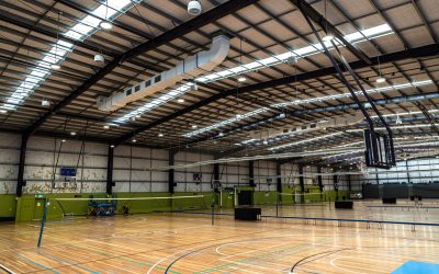 Indoor sports facility at Cardinia Life Leisure Centre, showcasing high ceilings, natural light, and Airius