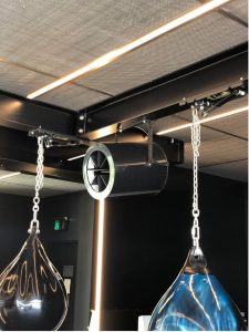 Side mounted Airius Q50 EC fan in gymnasium, NSW, providing horizontal airflow.