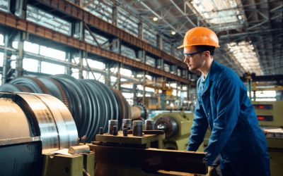Warehouse worker inspecting industrial heating system and ventilation in a factory setting.