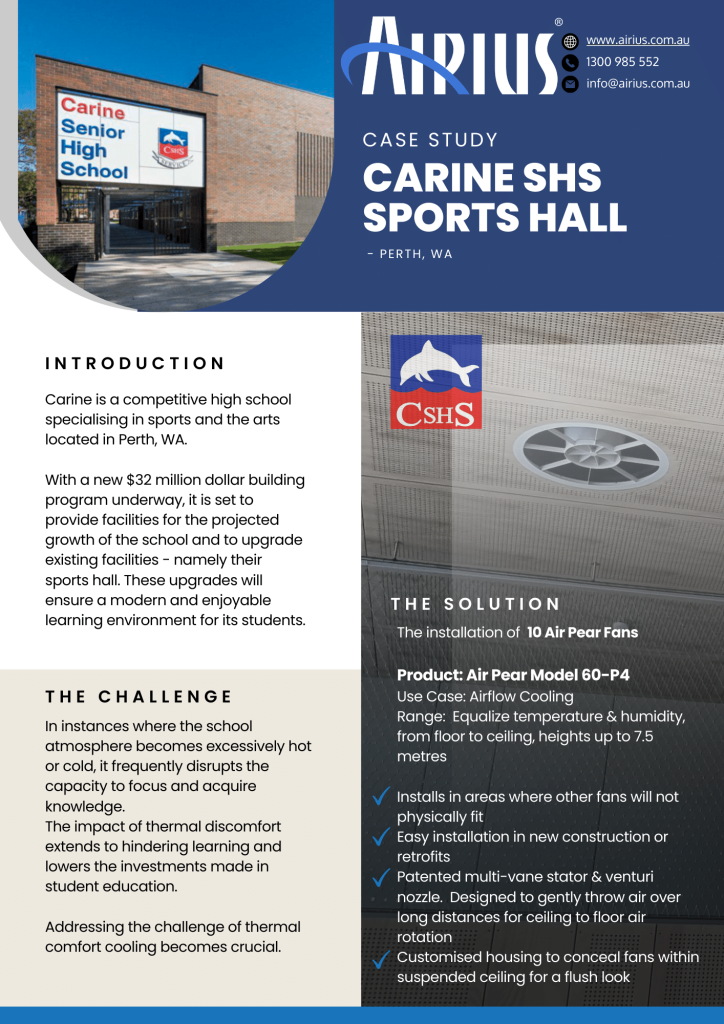 Airius case study: Carine Senior High School sports hall, Perth WA, showcasing Air Pear P64