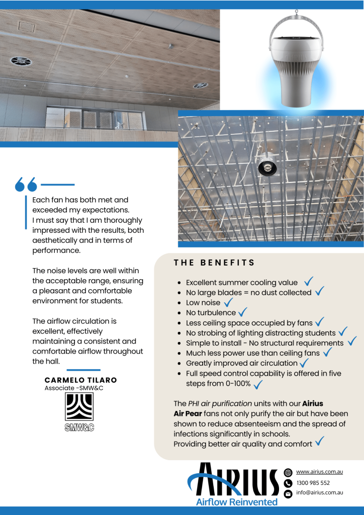 Airius Air Pear fan installation at Carine SHS sports hall, Perth WA, improving airflow and