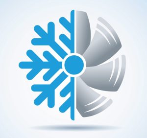 Fan and air conditioning graphic illustrating hybrid cooling solutions and energy savings.