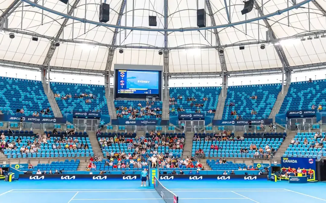 Airius cooling fans installation at Ken Rosewall Arena, Sydney, NSW, improving air circulation in a