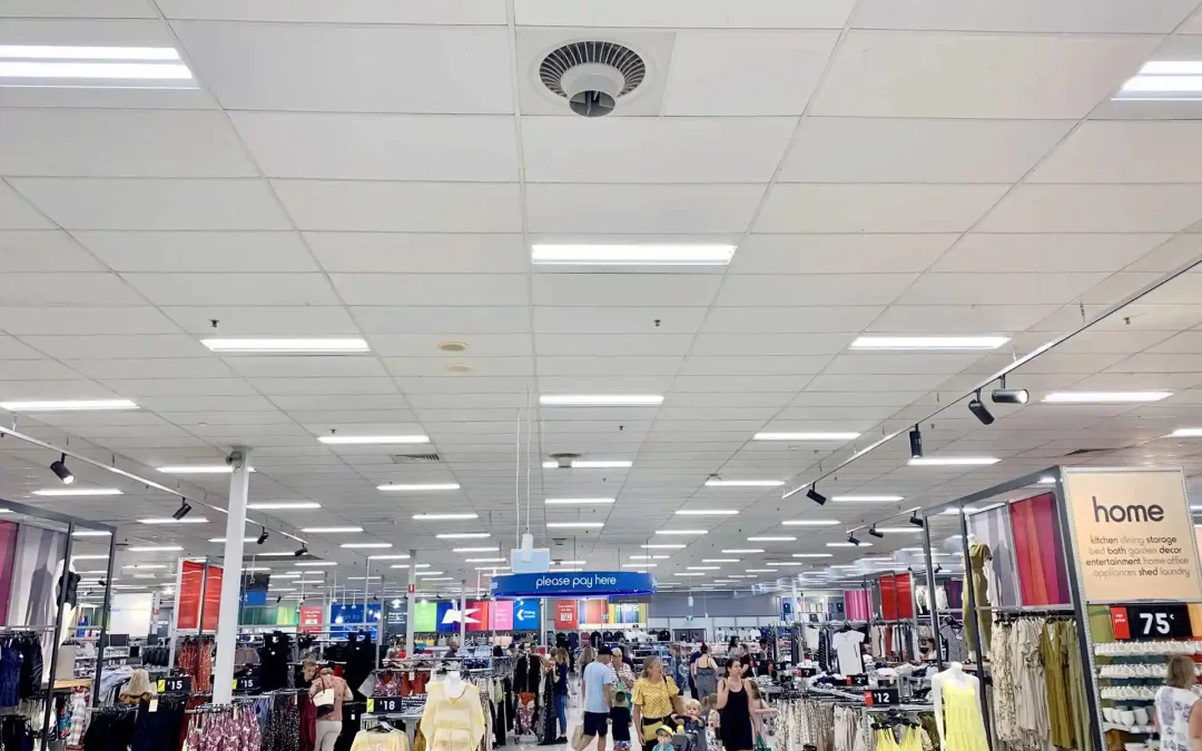 Airius cooling fans installed in Kmart Robina retail store, improving airflow and temperature control.