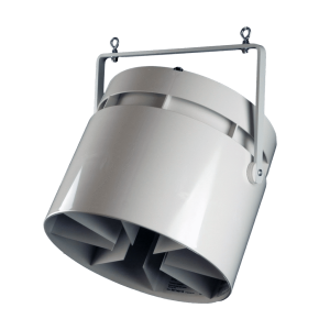 Airius Onyx fan with hanging hardware, showcasing blade-free airflow technology.