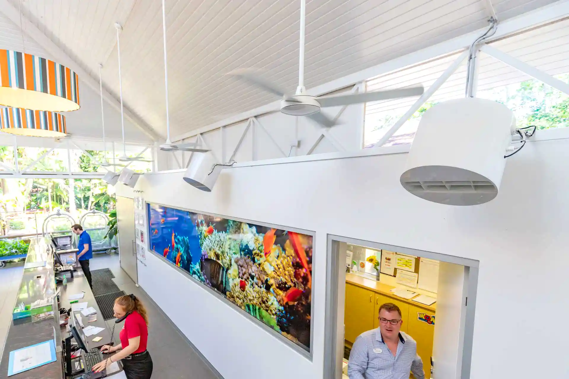 Airius Retail Series Duckbill fans installed in Ramada Inn reception area, Port Douglas, providing targeted
