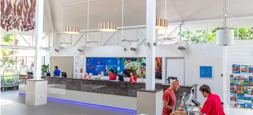 Hotel reception area at Ramada Port Douglas with Airius fans installed for airflow cooling