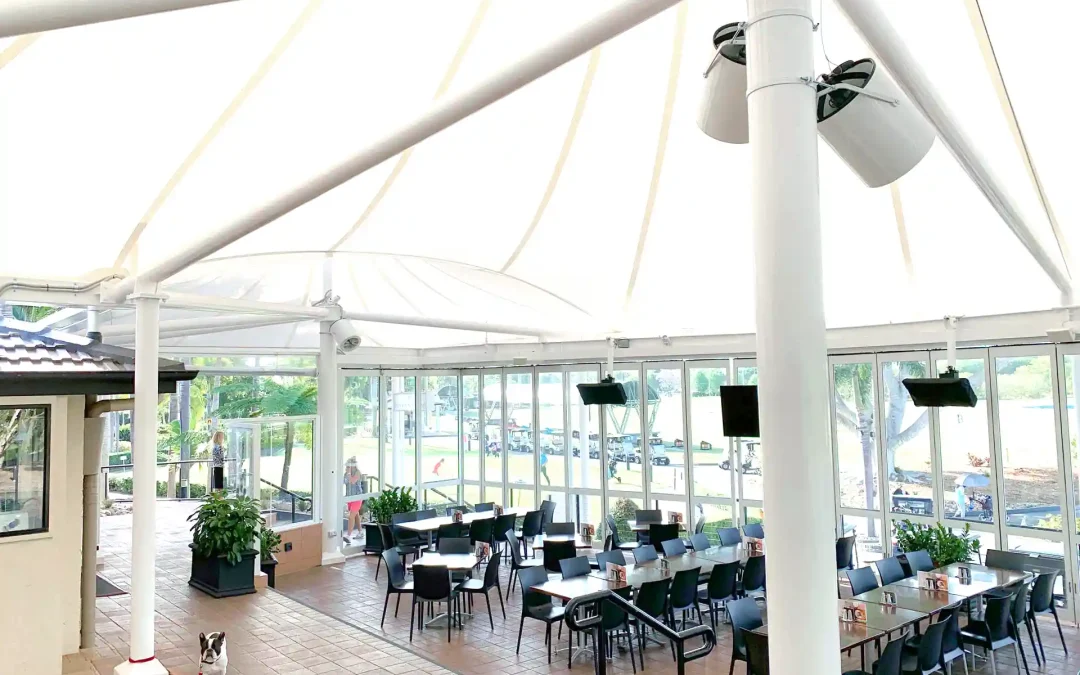 Airius cooling fans installation at Emerald Lakes Golf Club, providing comfortable dining and airflow.