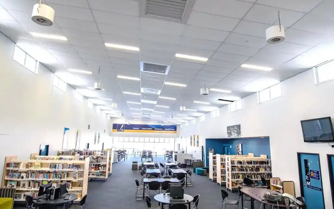 Airius fans installed in Springfield Central High School library, improving cooling and student comfort.