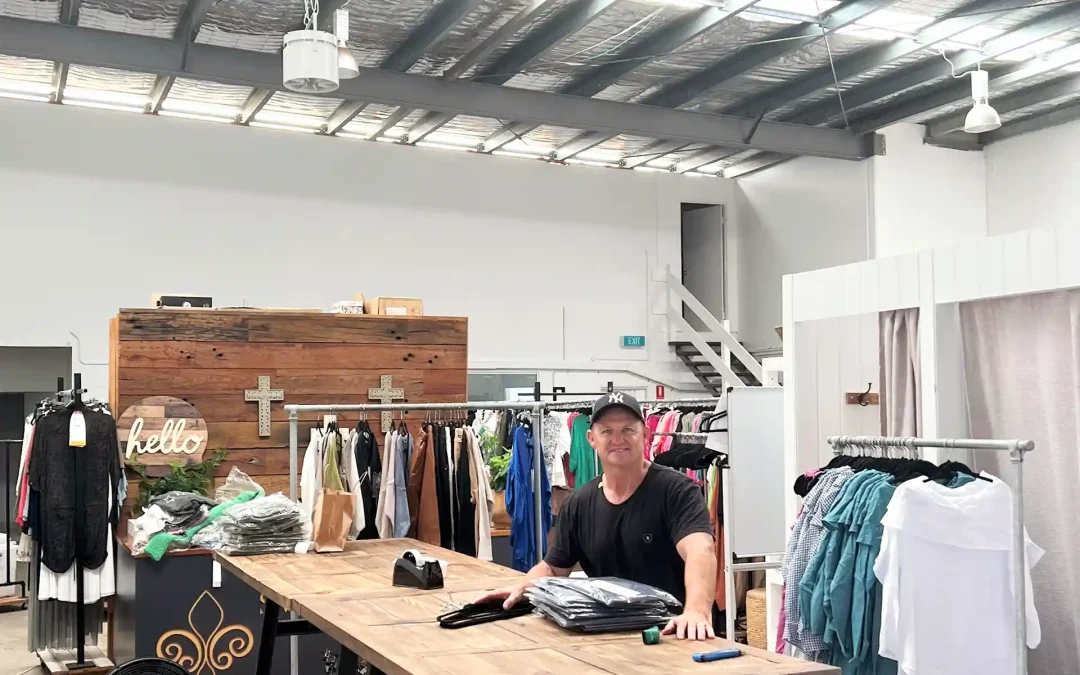 Sweet Charlotte Studio warehouse with Airius fan and Kerrod Walters demonstrating efficient cooling solution.