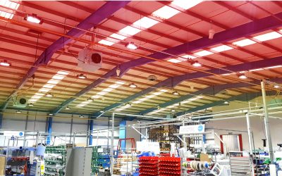 Industrial warehouse ceiling with Airius destratification fans improving air circulation and energy efficiency.