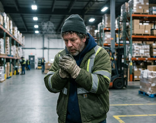 Warehouse worker shivering in cold environment, illustrating thermal stratification and heating challenges.